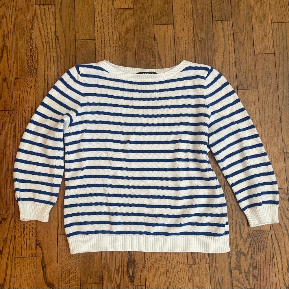 Lauren Ralph Lauren Blue/White Striped Sweater 100% Cotton | Size: L